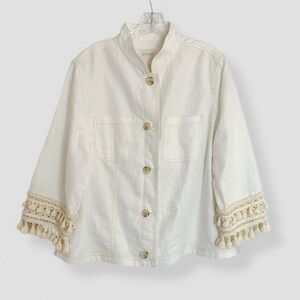 Chico's Size 2/Large 3/4 Sleeve Linen Blend Utility Jacket Alabaster Boho Casual